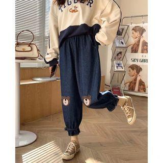 Mid Rise Bear Embroidered Baggy Jeans