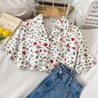 Short-sleeve Floral Print Cropped Shirt Red Flower - White - One Size