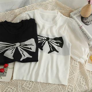 Mesh-sleeve Ribbon-print Crop T-shirt