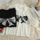 Mesh-sleeve Ribbon-print Crop T-shirt
