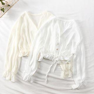 Drawstring-waist Ruffled-trim Chiffon Cardigan