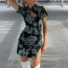 Short-sleeve Dragon Print Mini Qipao Dress