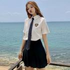 Short-sleeve Embroidered Shirt / Tie / Mini Pleated Skirt / Set