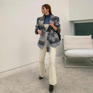 Single-breasted Plaid Wool Blend Blazer With Sash