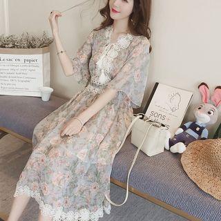 Bell-sleeve Gathered-waist Short-sleeve Floral Print A-line V-neck Panel Lace Dress