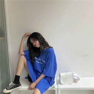 Lettering Elbow-sleeve T-shirt / Color Block Wide-leg Pants
