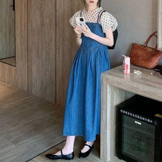 Puff-sleeve Dotted Blouse / Denim Midi Overall Dress