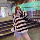 V-neck Striped Loose-fit Knit Top Black - One Size