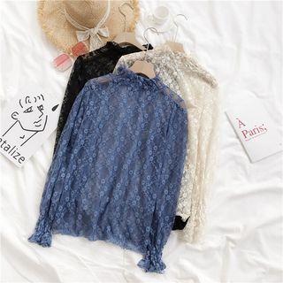 Bell-sleeve Mock Neck Frill Trim Lace Top