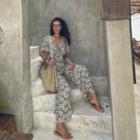 V-neck Floral Drawstring Ruffle Wide Leg Jumpsuit