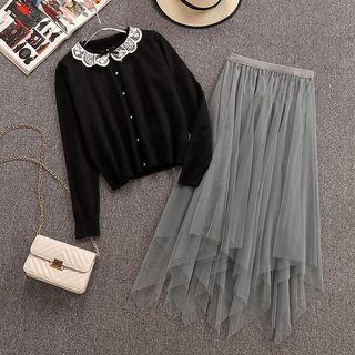 Set: Lace Collar Cardigan + Maxi Mesh Skirt Black - One Size
