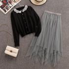 Set: Lace Collar Cardigan + Maxi Mesh Skirt Black - One Size