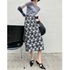 Rose Print High-waist Midi Skirt / Print Long-sleeve Sheer Top