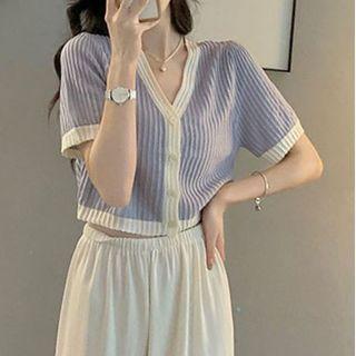 Short-sleeve Two-tone Button-up Top / High Waist Wide Leg Pants / Set