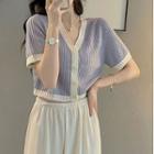 Short-sleeve Two-tone Button-up Top / High Waist Wide Leg Pants / Set