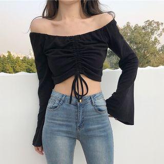 Off-shoulder Drawstring Long-sleeve Top