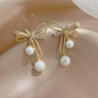 Bow Rhinestone Faux Pearl Earring 1 Pair - Silver Needle - Gold - One Size