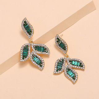Rhinestone Leaf Dangle Earring 1 Pair - Kc Gold - Green - One Size