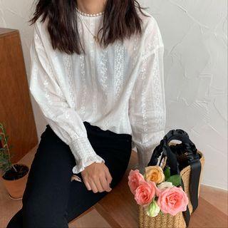 Bell-sleeve Jacquard Blouse White - One Size