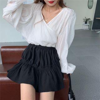 V-neck Cropped Blouse / High-waist Mini A-line Skirt