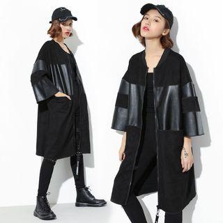 Faux Leather Panel 3/4-sleeve Long Jacket
