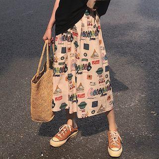 All Over Print A-line Midi Skirt As Shown In Figure - One Size