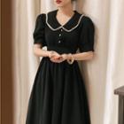 Short-sleeve Collar Faux Pearl Midi A-line Dress