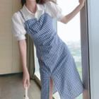Short-sleeve Mock Two-piece Plaid Midi A-line Dress