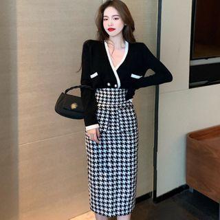 Double Breasted Contrast Trim Cardigan / Houndstooth Midi Skirt