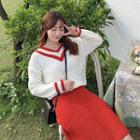 Set: V-neck Sweater + Midi Knit Skirt Set - Sweater - Red & White - One Size / Midi Skirt - Red - One Size