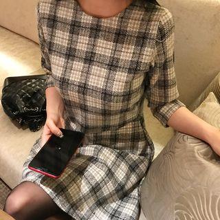 Elbow-sleeve Plaid Mini A-line Dress