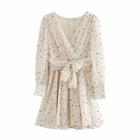 Long-sleeve V-neck Tie-waist Dotted Dress
