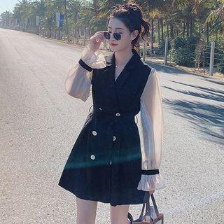 Double-breasted Tie-waist Mesh Panel Mini A-line Blazer Dress
