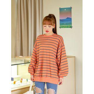 Balloon-sleeve Striped Oversized Pullover