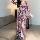 3/4-sleeve Abstract Print Slit-hem Midi A-line Dress