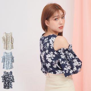 Cold-shoulder Floral Print Blouse