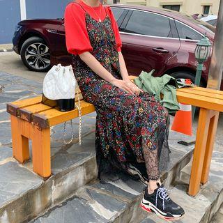 Lace-hem Floral Print Pinafore Dress Black - One Size