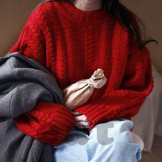 Plain Knitted Loose-fit Sweater Red - One Size