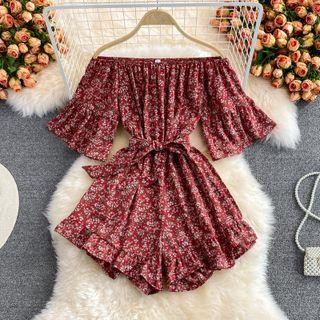 Short-sleeve Floral Print Off-shoulder Sashed Romper