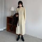 Long-sleeve Shirred Plain Shift Dress Almond - One Size
