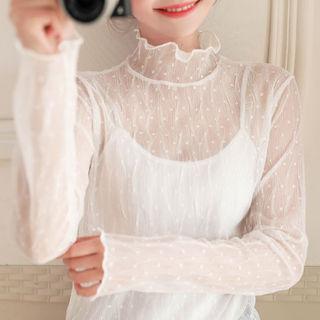High-neck Dotted See-through Top