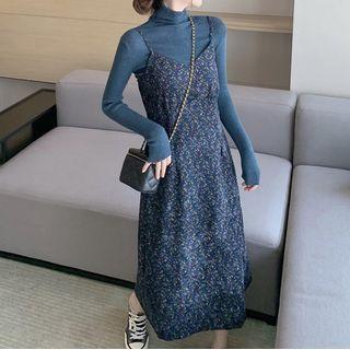 Set: High Neck T-shirt + Spaghetti Strap Floral Midi Dress
