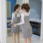 Set: Contrast Trim Long Sleeve Knit Top + Houndstooth Pinafore Dress