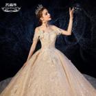 Short-sleeve Off Shoulder Embroidered Lace Wedding Ball Gown