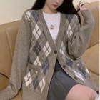 Argyle Cardigan / Embroidered T-shirt / Mini A-line Pleated Skirt