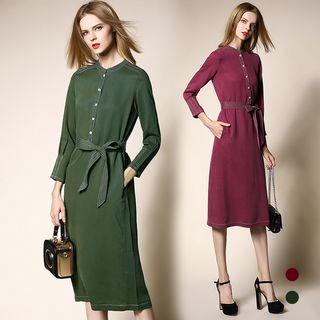 Contrast Stitching Shirtdress With Sash