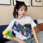 Mock Two-piece Short-sleeve Floral Panel T-shirt