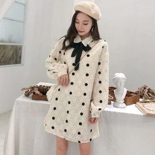 Polka Dot Long-sleeve A-line Dress / Collared Shift Dress
