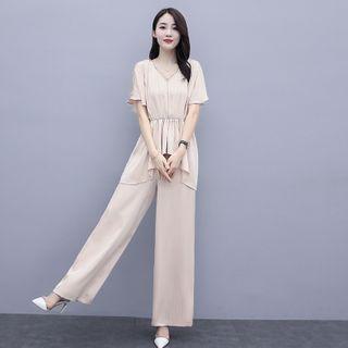 Set: Irregular Hem Short-sleeve Blouse + Wide-leg Pants
