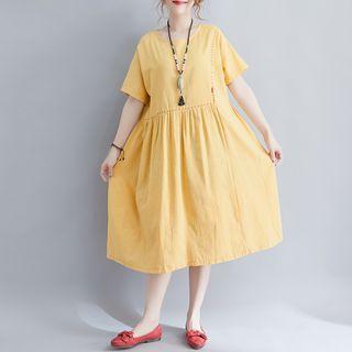 Short-sleeve Midi Plain Dress Yellow - One Size